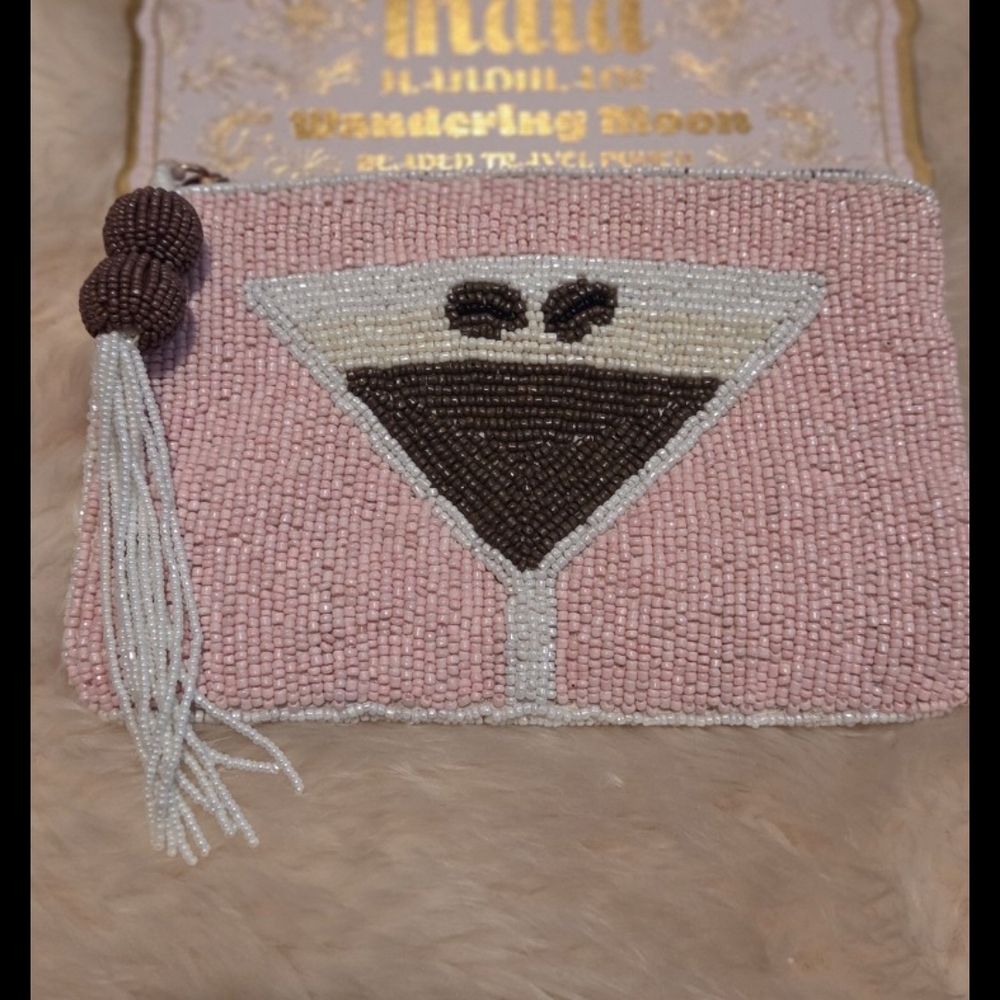 Espresso Martini Viral Pink Beaded Pouch Purse Bag Travel NWT